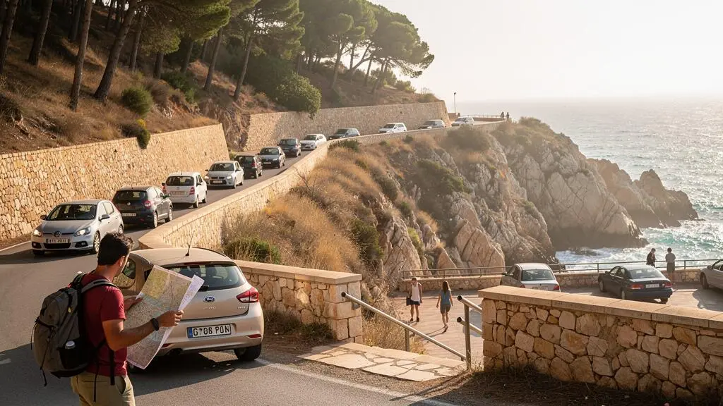 Eine enge Küstenstraße an der Costa Brava mit wartenden Autos über einer felsigen Bucht, während ein Reisender am Parkplatz seine Route prüft.