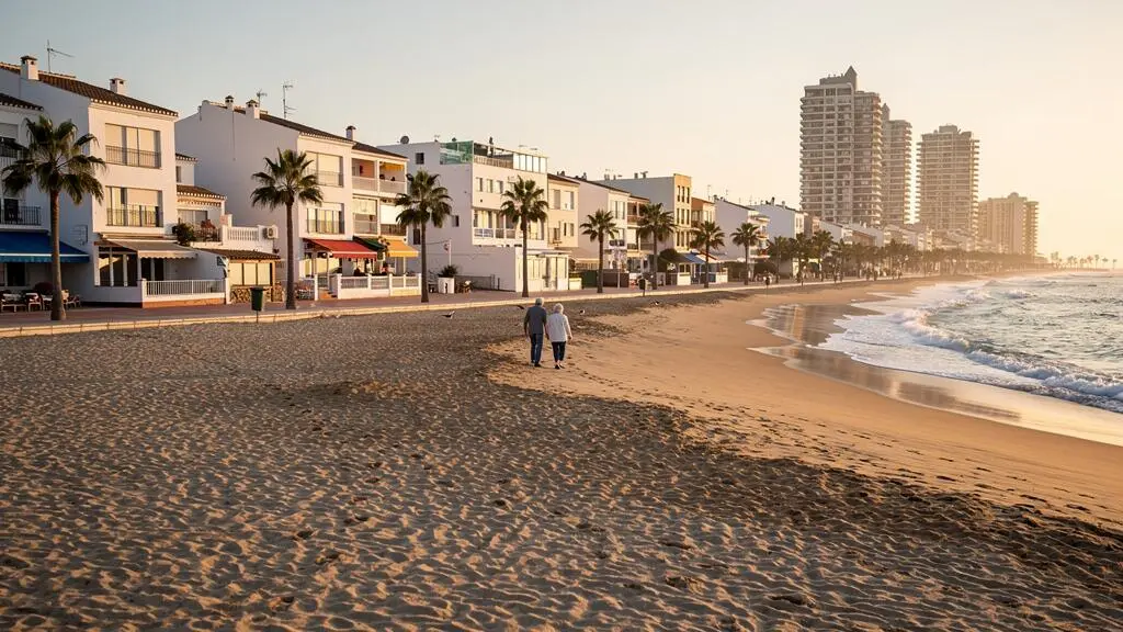 Ruhige Strandpromenade einer kleinstädtischen Ortschaft an der Costa del Sol mit flacher Bebauung, wenigen Menschen am Morgen und Hochhaussilhouette eines Nachbarorts am Horizont.