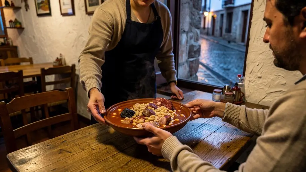 Ein Kellner serviert einem Reisenden eine Schüssel Fabada Asturiana in einem traditionellen Restaurant an einem kühlen Abend in Asturien.