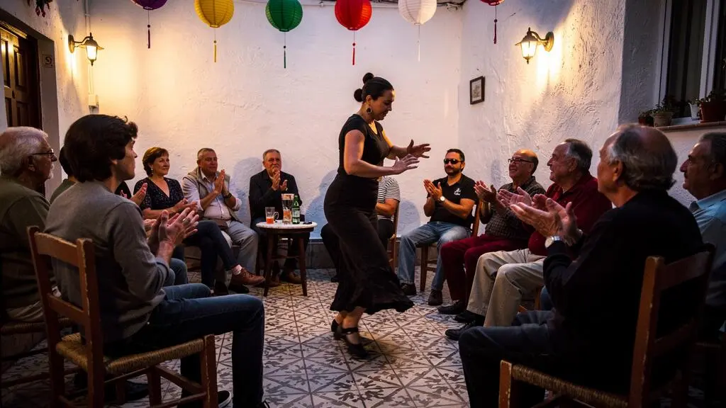 Abendliche Flamenco-Peña in Andalusien: Einheimische sitzen im Kreis um eine Tänzerin und einen Mann mit Palmas-Handklatschen, einige Gäste beobachten respektvoll vom Rand.