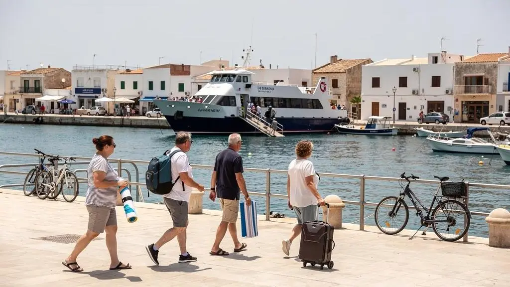 Tagesausflügler gehen nach der Ankunft mit der Fähre durch den Hafen La Savina auf Formentera.