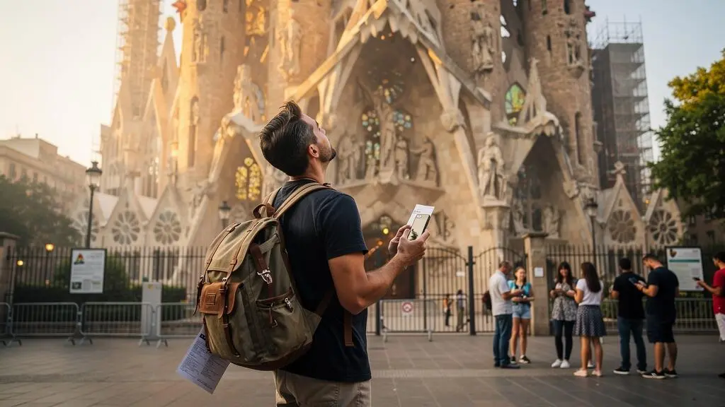Reisender mit Rucksack und Smartphone steht im Morgenlicht vor der Sagrada Família in Barcelona und blickt zur Geburtsfassade hinauf.