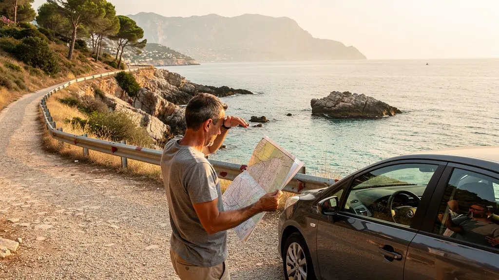Ein Reisender steht neben einem geparkten Mietwagen an der Küste Mallorcas und vergleicht eine Landkarte mit der ruhigen Bucht unterhalb.