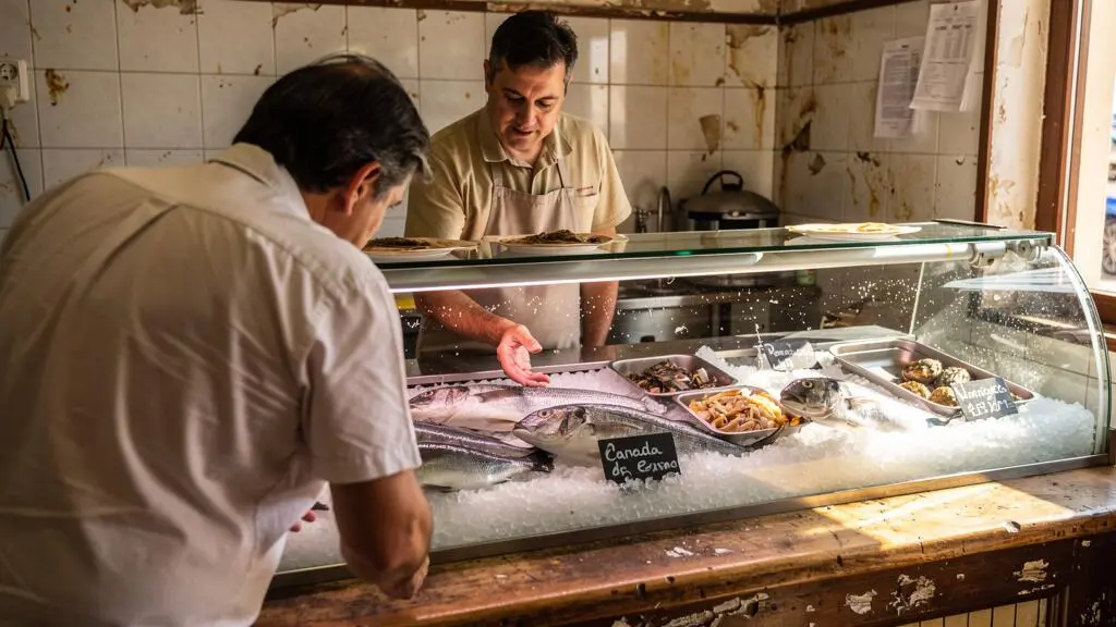 Eine Kundin begutachtet frische Meeresfrüchte und ganze Fische auf einer Eisvitrine in einem spanischen Küstenrestaurant, während ein Mitarbeiter hinter der Theke steht.