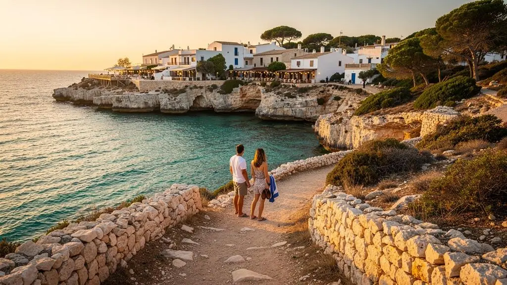 Ein Paar steht am Ende eines Küstenwegs auf Menorca und blickt auf eine leise, fast leere Bucht hinunter, während im Hintergrund ein Ort mit abendlichen Restaurantlichtern zu sehen ist.