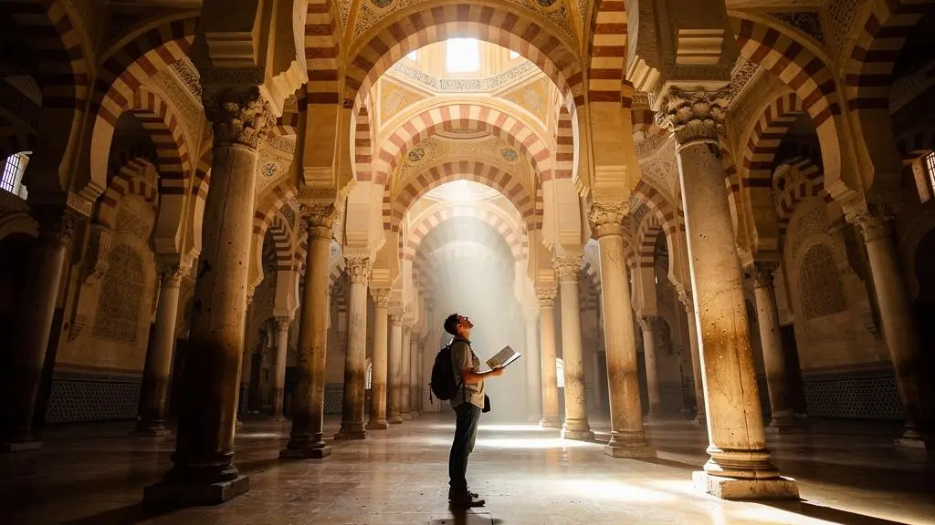 Reisende betrachtet im Säulenwald der Mezquita von Córdoba die doppelten Hufeisenbögen bei Morgenlicht.