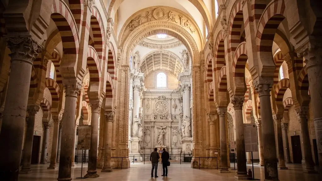 Besucher betrachten in der Mezquita-Kathedrale von Córdoba den Übergang zwischen der islamischen Säulenhalle und dem christlichen Kirchenraum.