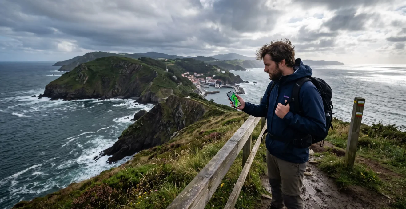 Reisende mit Regenjacke stehen an einem Küstenaussichtspunkt in Nordspanien und prüfen auf dem Smartphone eine Radarkarte, während Wolken über der grünen Atlantikküste ziehen.