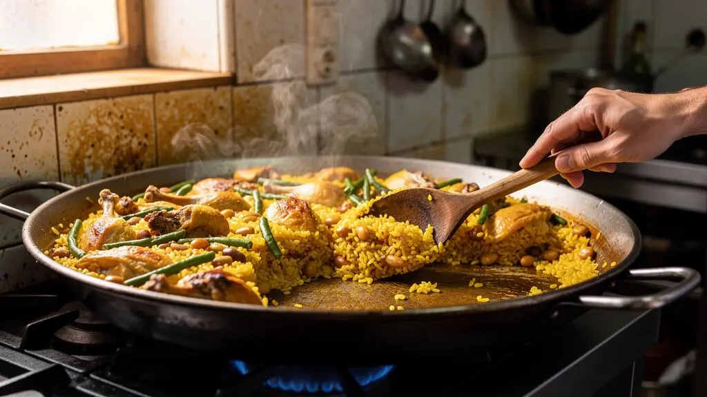 Frisch gekochte Paella Valenciana in einer Stahlpfanne, an der ein Koch die knusprige Socarrat-Schicht am Pfannenboden anhebt.