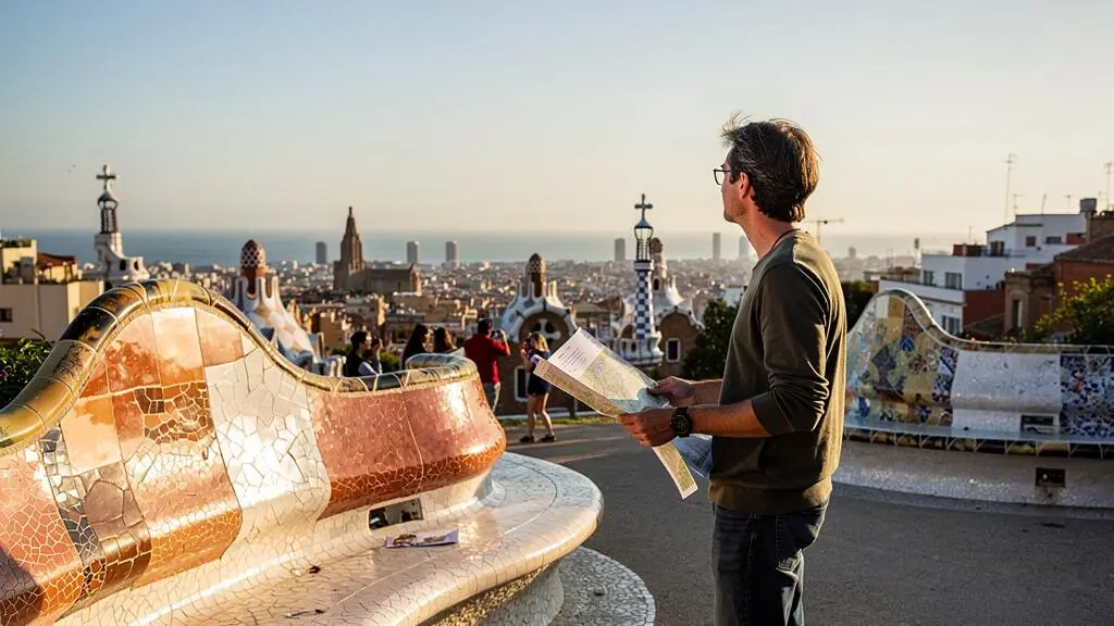 Ein Reisender steht auf einer geschwungenen Mosaikterrasse im Park Güell und blickt über die Stadtsilhouette von Barcelona bis zum Meer im frühen Morgenlicht.