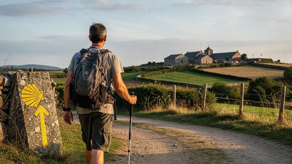 Pilgerin mit Rucksack und Wanderstöcken geht auf einem markierten Jakobsweg-Wanderweg durch eine ländliche spanische Landschaft am Morgen.