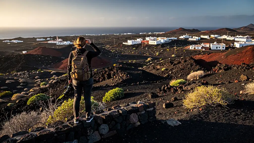 Ein Reisender steht an einem Aussichtspunkt und blick über die schwarzen Lavafelder von Lanzarote im späten Nachmittagslicht.