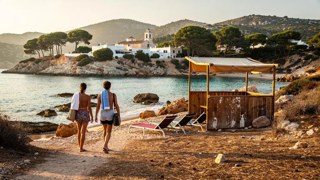 Ruhige Bucht auf Ibiza am Morgen mit weißem Chiringuito, leerer Strandpromenade und einem Dorf mit Kirche im Hintergrund, während zwei Personen mit Handtüchern zum Wasser gehen.