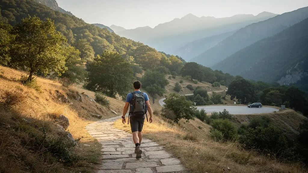 Ein einzelner Wanderer steht auf einem menschenleeren Steinpfad in einem spanischen Bergtal mit Waldrändern und Nebel in der Ferne.
