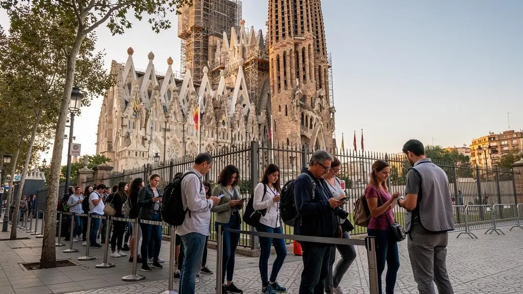 Besucher warten am Eingang der Sagrada Família in Barcelona, während ein Mitarbeiter die Einlasszeit kontrolliert, im Hintergrund die große Fassade der Basilika.