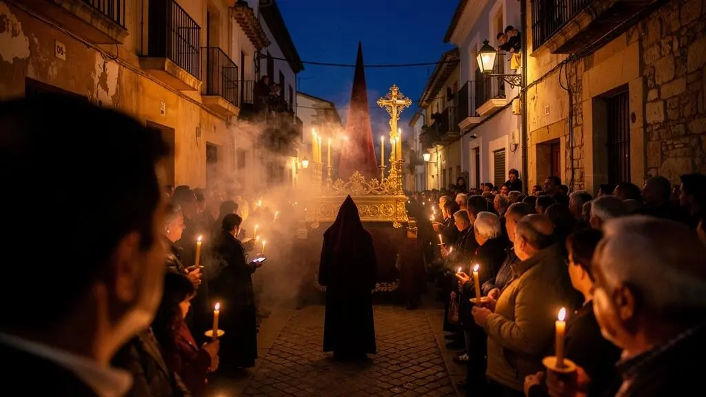 Nachtporzession der Semana Santa in einer engen Altstadtgasse in Spanien, mit Kerzenlicht, Weihrauch und wartendem Publikum am Straßenrand