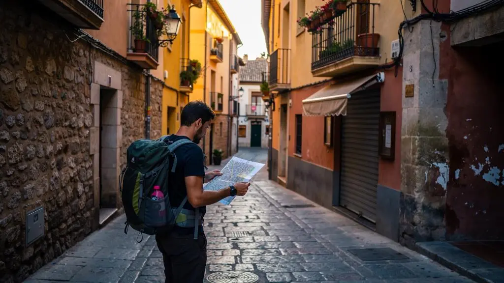 Ein Reisender mit Tagesrucksack und gefalteter Stadtmappe steht frühmorgens in einer schmalen, schattigen Gasse einer historischen spanischen Altstadt und studiert die Route.