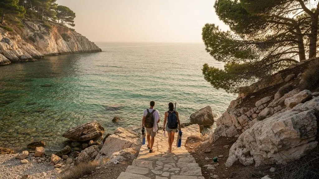 Ein Paar mit Schnorchelausrüstung geht über einen schmalen Steig hinunter zu einer stillen felsigen Bucht an der Costa Blanca, ohne Liegestühle und ohne Menschenmassen.