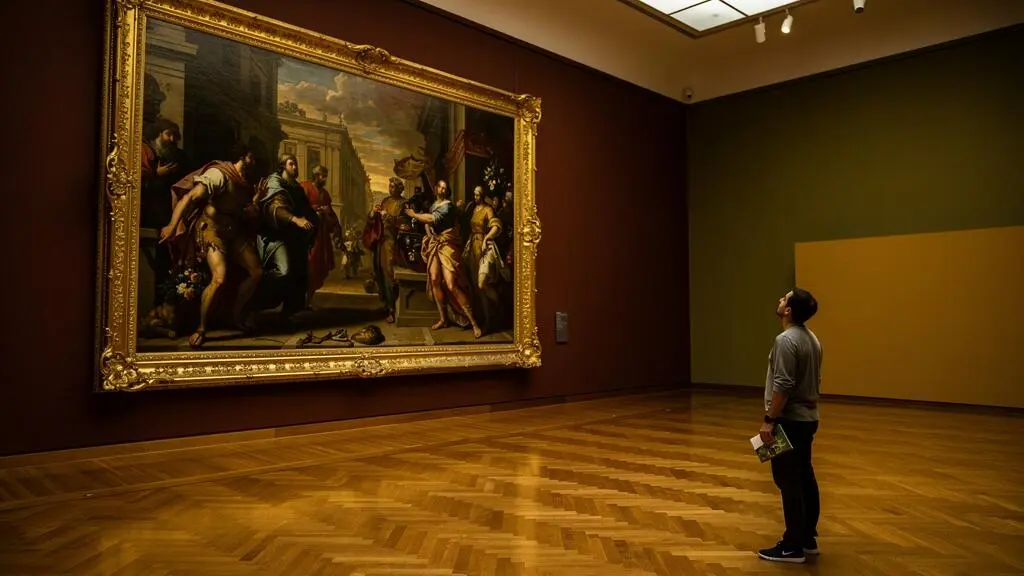 Eine Besucherin betrachtet aus mehreren Metern Entfernung ein großes barockes Gemälde in einem Madrider Kunstmuseum.