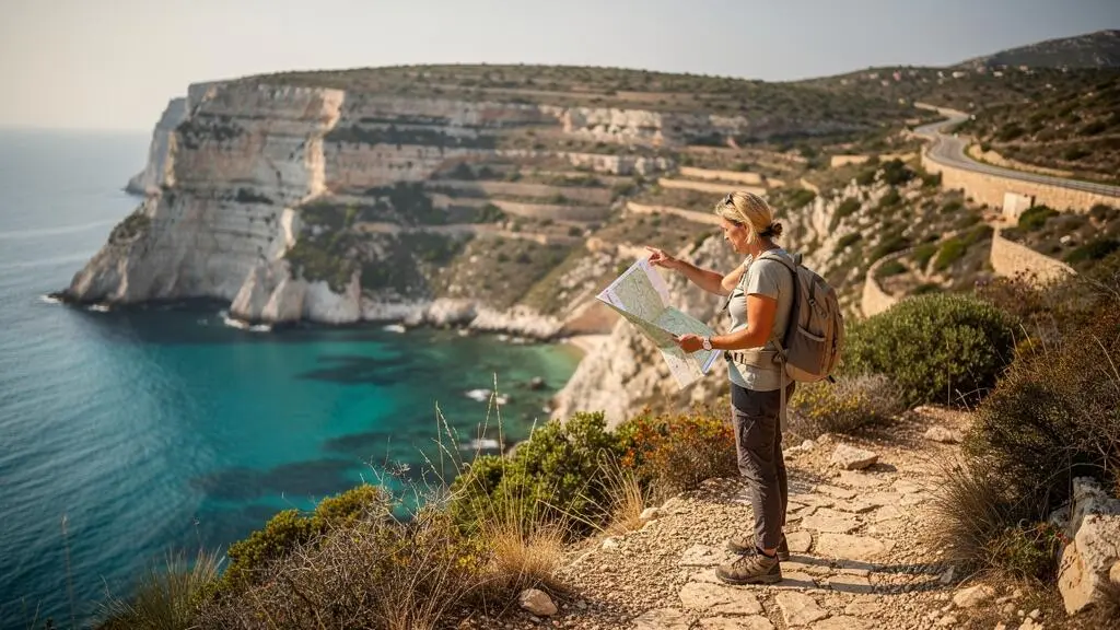 Eine Wanderin steht auf einem Küstenpfad über einer spanischen Bucht und schaut auf eine Landkarte, um den Zugang zur Bucht zu prüfen.